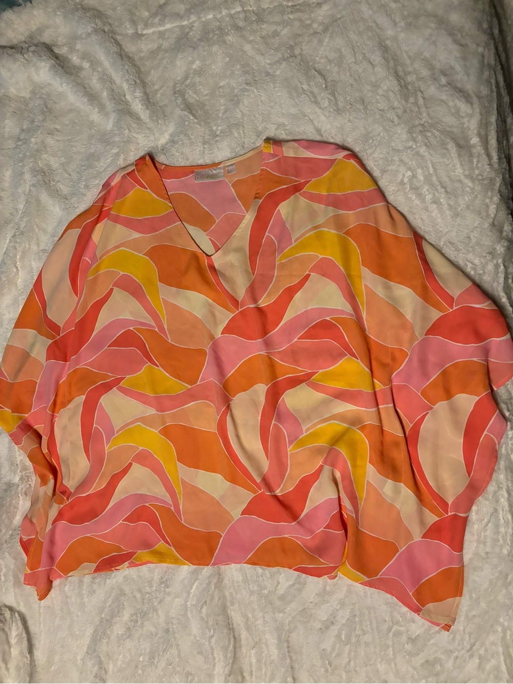 Belle Kim Gravel Tunic Top Size Large Pink and Orange Semi-Sheer Geometric